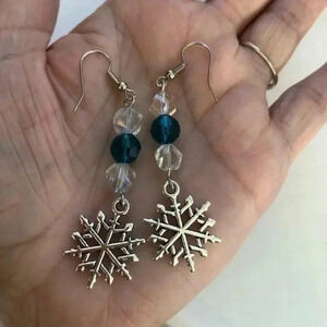 Long Blue Crystal Silver Snowflake Handmade Drop Earrings NWT